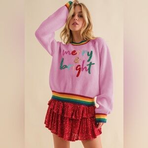 BOUTIQUE MERRY & BRIGHT Ribbed Round Neck Sweater, with Rainbow Trim—Blush Pink